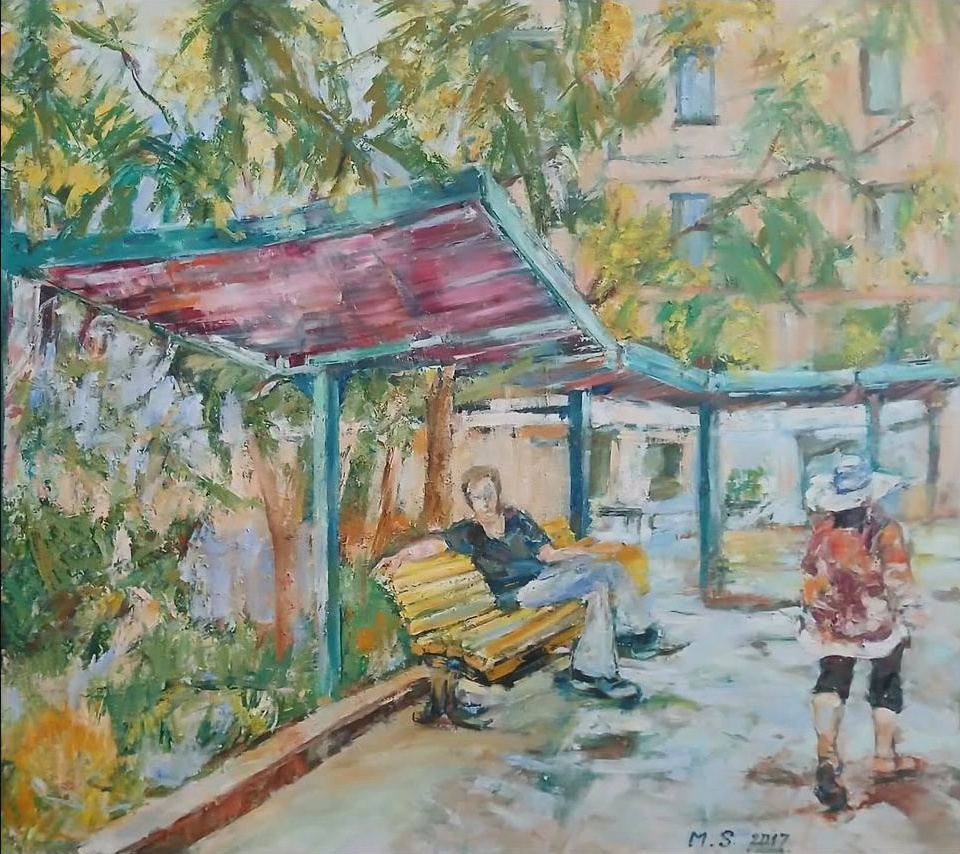 מנוחה בכיכר — ציור שמן מקורי מאת מרים סולוגשווילי