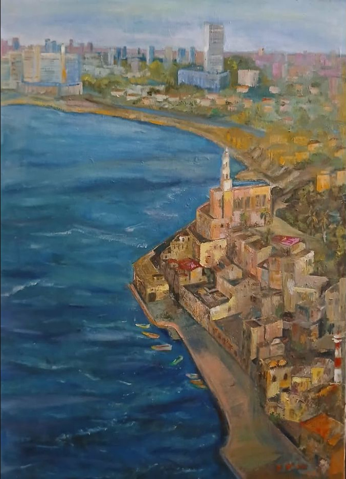 נוף פנורמי לים מיפו העתיקה — ציור שמן מקורי מאת מרים סולוגשווילי