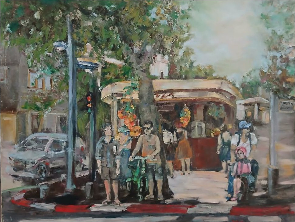 רחוב דיזנגוף, תל אביב — רמזור אדום — ציור שמן מקורי מאת מרים סולוגשווילי